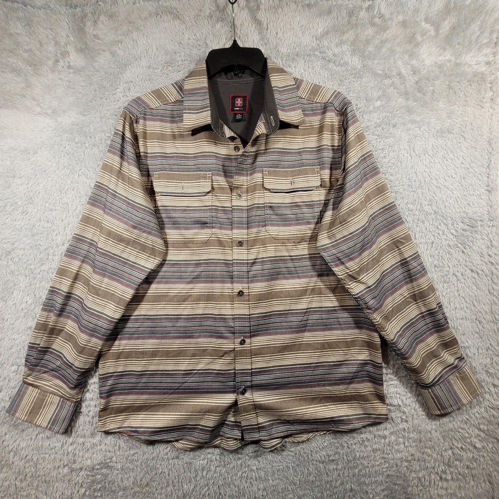 Swiss Tech Button Up Shirt Mens Large Brown Stripe Long Sleeve Stretch